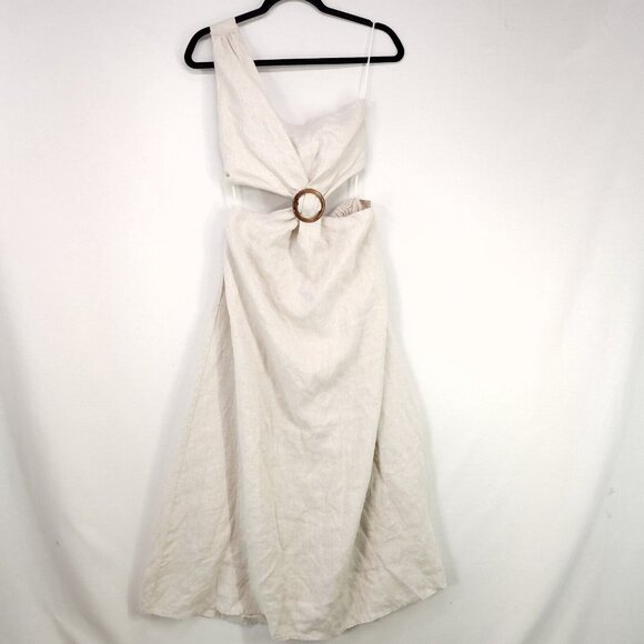 Bohme Linen Dress Medium One Shoulder Maxi Cut Out Bohemian Natural Minimalist - Picture 2 of 13